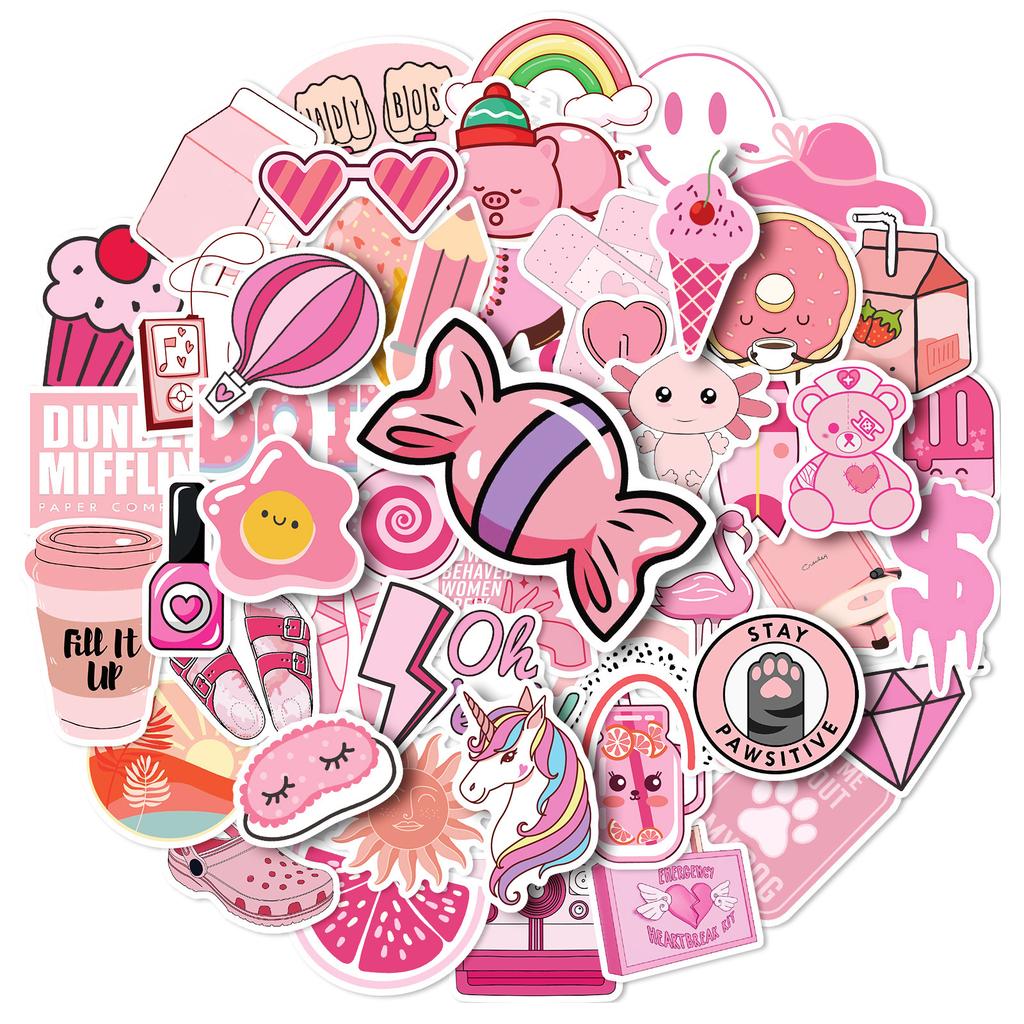 50 Vsco Pink Mix And Match Stickers, Cartoon Cute Girl Little Fresh Girl Graffiti Stickers