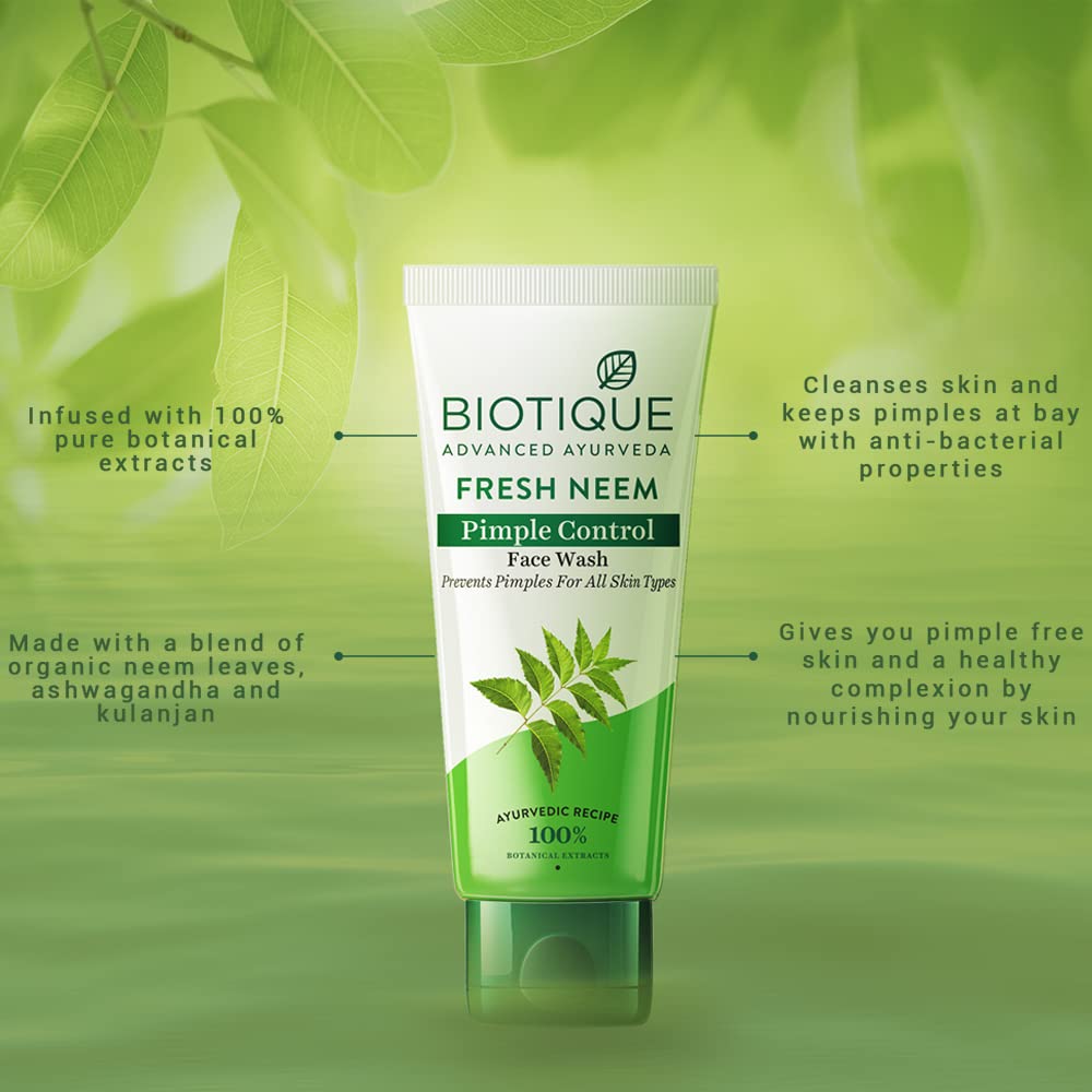 Biotique Fresh Neem Pimple Control Face Wash 150ml | Ayurvedic Foaming Cleanser for Clear Skin | Prevents Breakouts