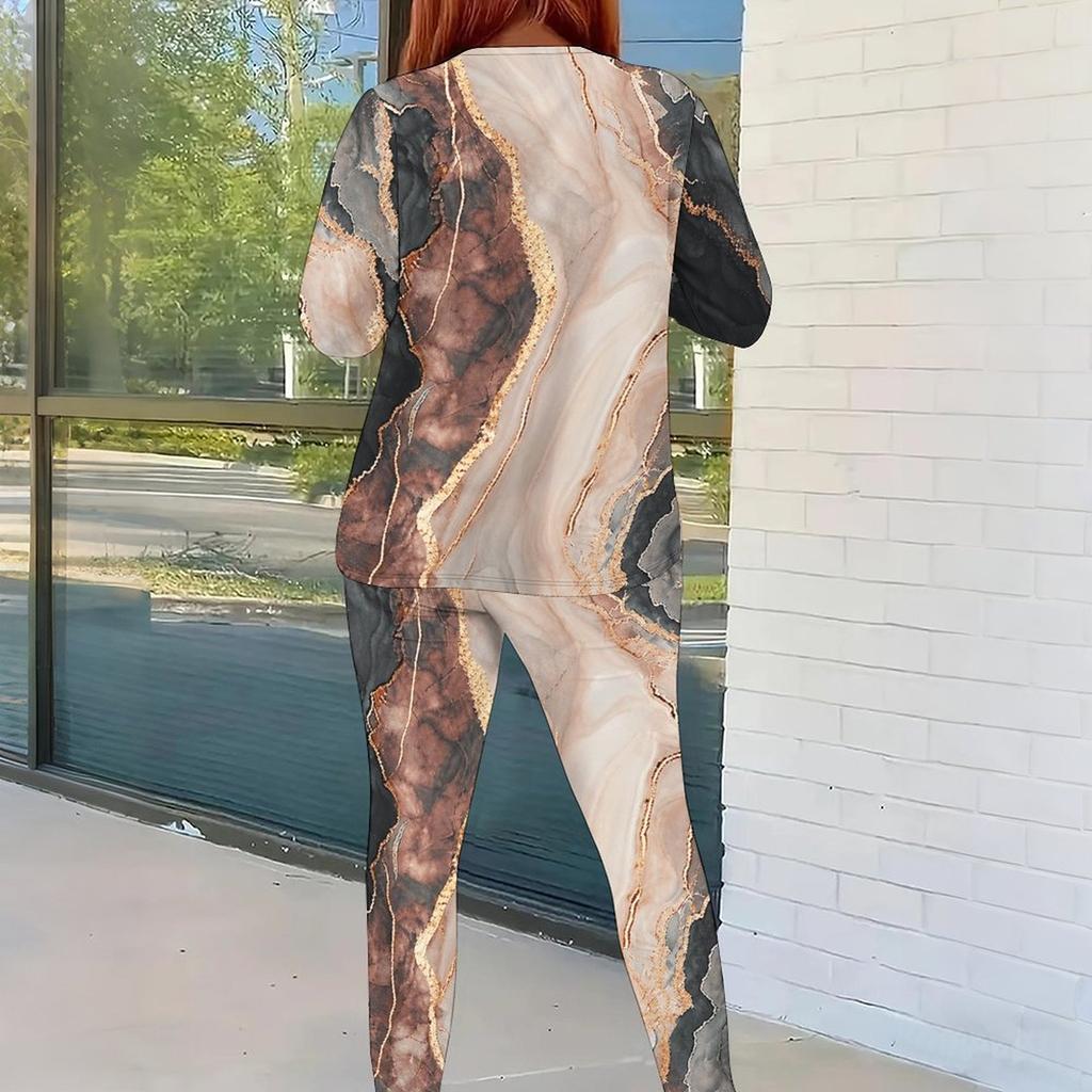 Women Plus Size Round Neck Long Sleeve Printed Top And Fitted Pants Two Piece Set