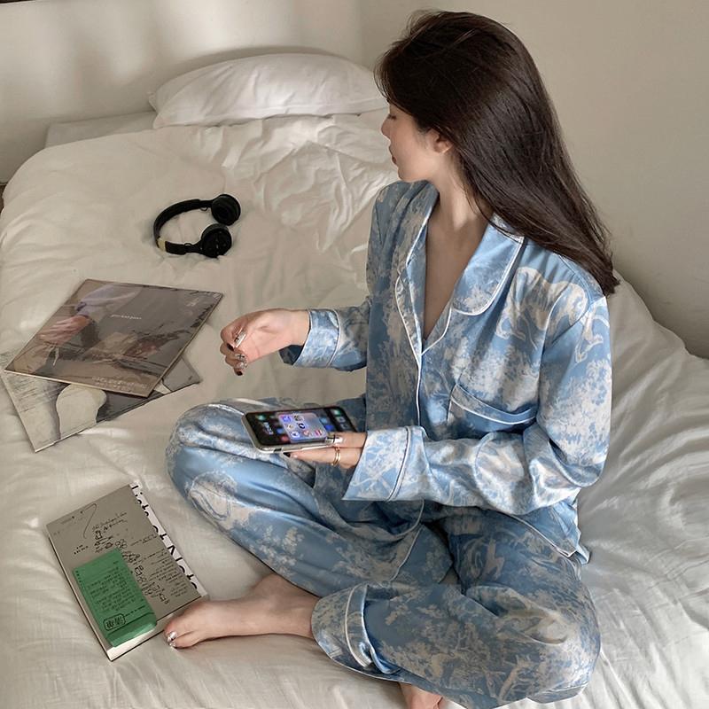 Autumn Ice Silk Women Pajama Lapel Button Cardigan Outfits for Women 2 Piece Set Fashion Printing Set Clothes