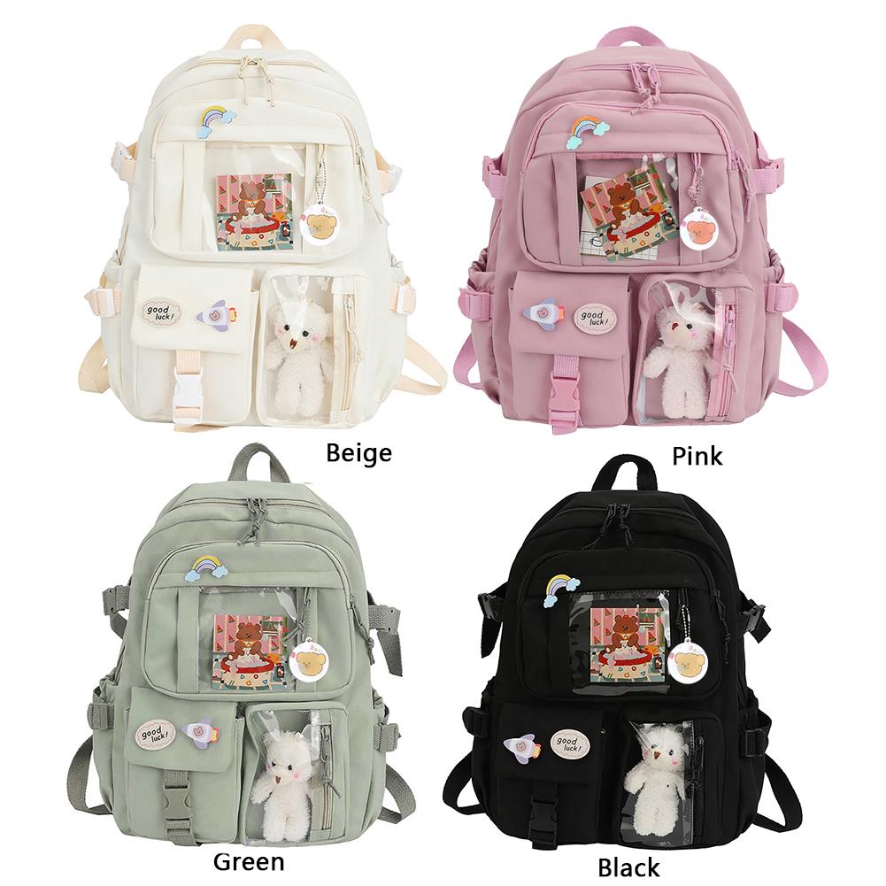 Student Schoolbag Fashion College Student Rucksack Nylon with Plush Pendant Pin Cute Large Capacity Japanese Style for Vacations