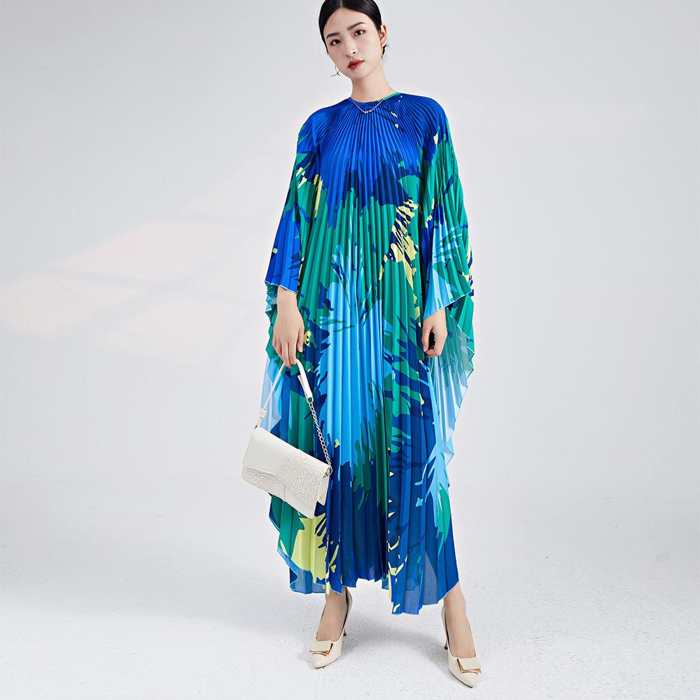 European & American Plus Size Printed Irregular Pleated Long Dress - Vacation Style