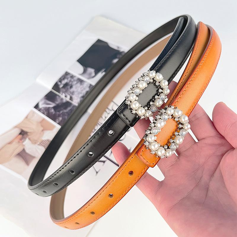 Slim Genuine Leather Women's Belt Decorative Casual Pants Jeans Inlaid with Pearl Rhinestones Sweet and Fashionable Women's Belt