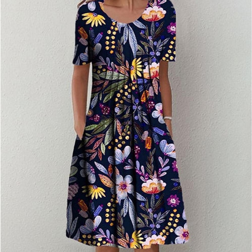 QICED 30 Farben Plissiertes Midi-Kleid Kurzarm Rundhalsausschnitt Weiter Saum Mittlere Wadenlänge Damen Floral A-Linie Partykleid Freizeitkleidung
