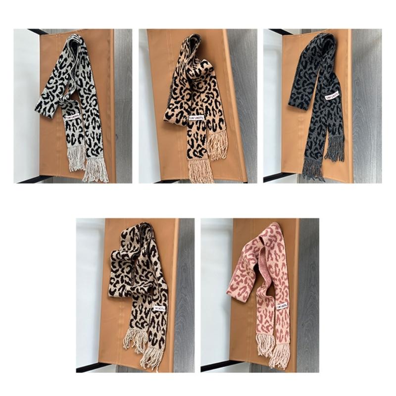 Vintage Leopards Print Tassels Scarf Soft Acrylic Neckerchief Warm Fashion Scarves for Women Warm Accessory
