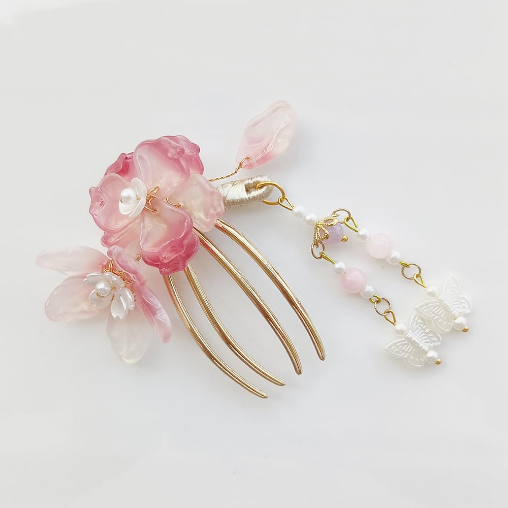 Hair Ornament Set with Flower and Butterfly Stylish Kanzashi Hairpin for Entrance Hanfu 2-Piece Design, U-Pin, Kimono, Yukata, Graduation, Ceremony,