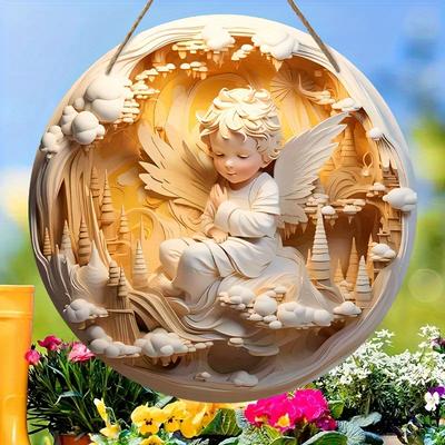 Serene Cherub Angel Wooden Sign, Round Front Door Decor, 3D Carved Effect Wall Hanging - Ideal for Spiritual & Peaceful Home Aesthetics