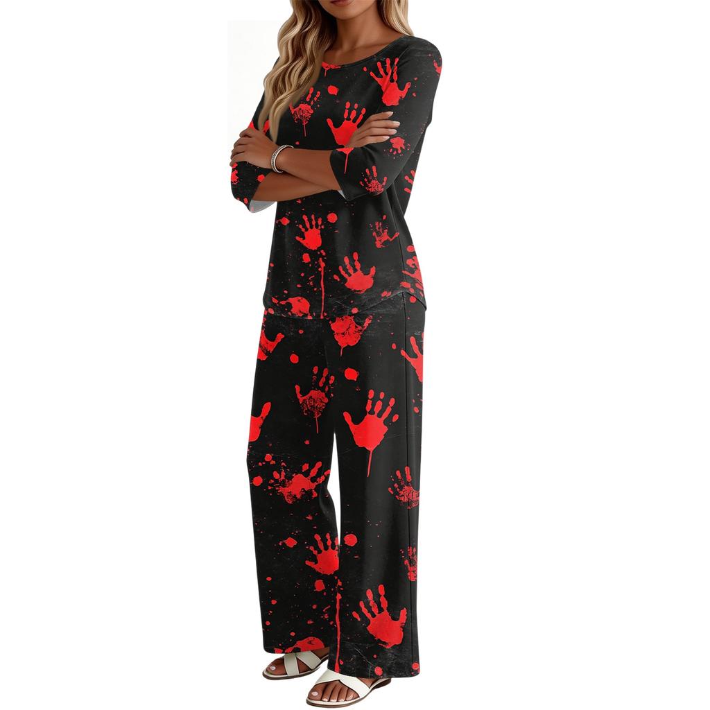 Women's Casual Two Piece Outfit Round Neck Loose Fit 3/4 Sleeve Top and Pants Set for Everyday Wear