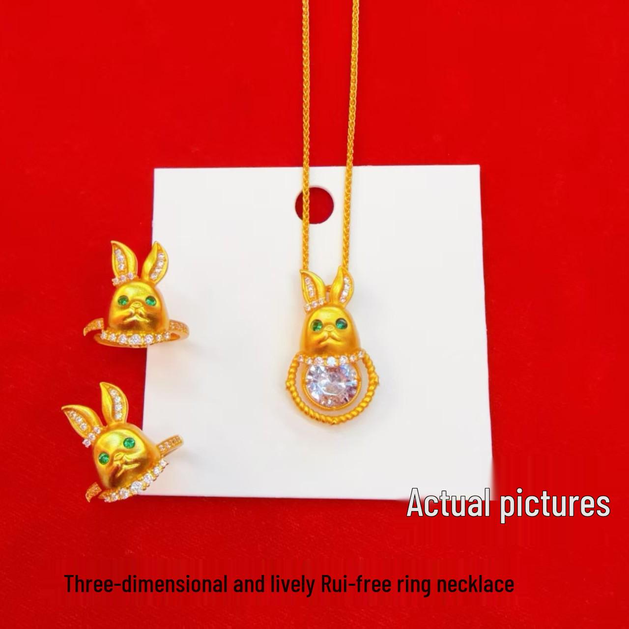 

Elegant Three-Dimensional Gold Sesame Rabbit Necklace & Ring Set for Women Ring