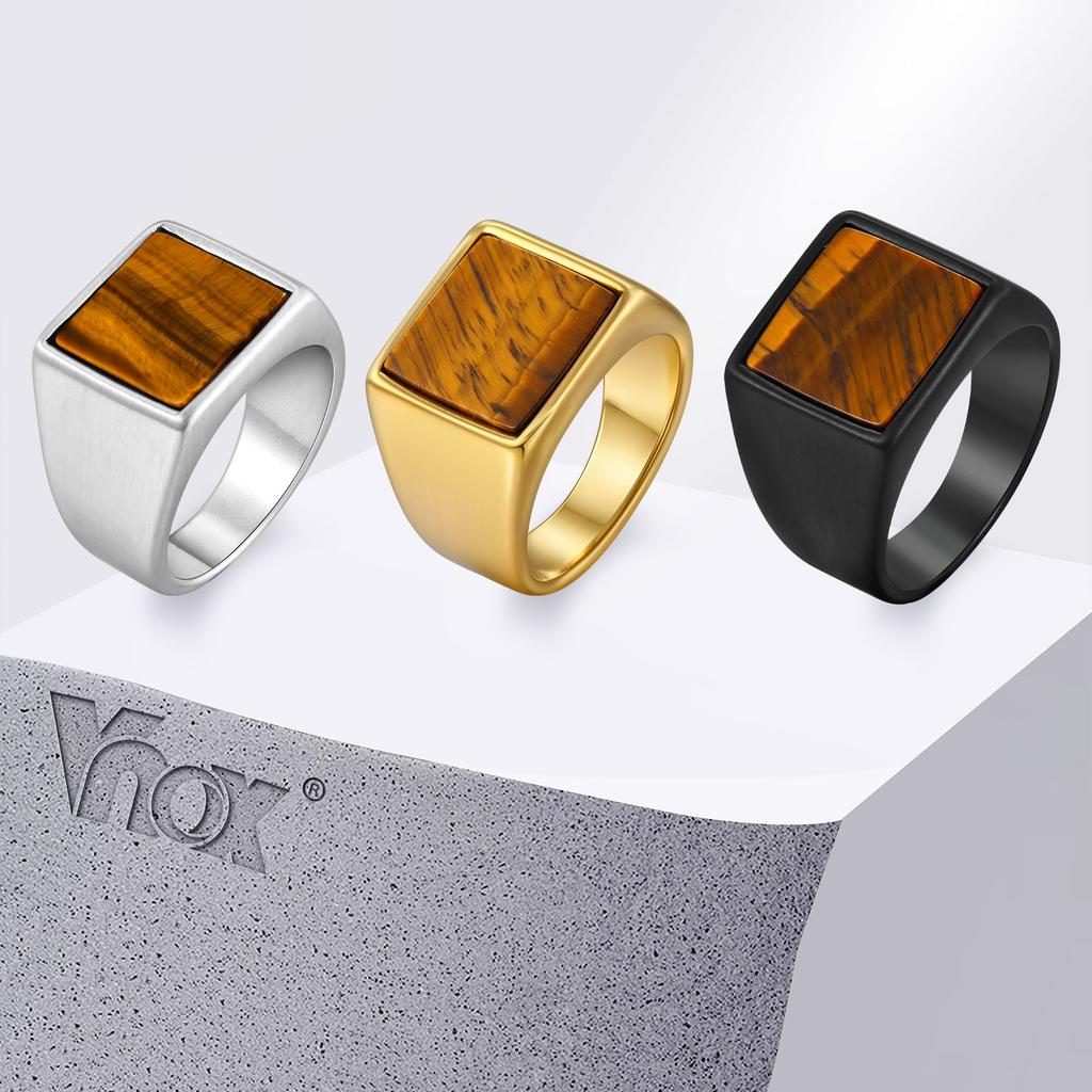 Vnox Stainless Steel Tiger Eye Ring for Men Him, Natural Stone Square Signet Ring 14mm Wide Size 7-12, 2026 Fashion Jewelry Gift