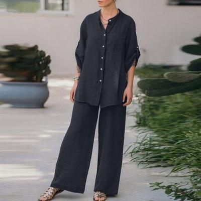Yousheng Women's Cotton Linen Two Piece Set Half Sleeve Button Down Shirt Wide Leg Pants Set Casual Tracksuit for Spring Summer Autumn