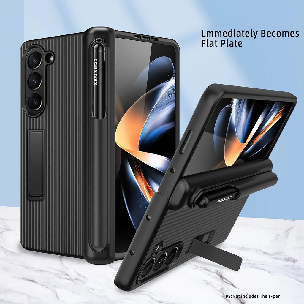 Matte Bracket Folding Hinge Pen Holder for Samsung Galaxy Z Fold 5 Case with Tempered Film Shockproof Stand Protection Hard Back Full Protection Cover