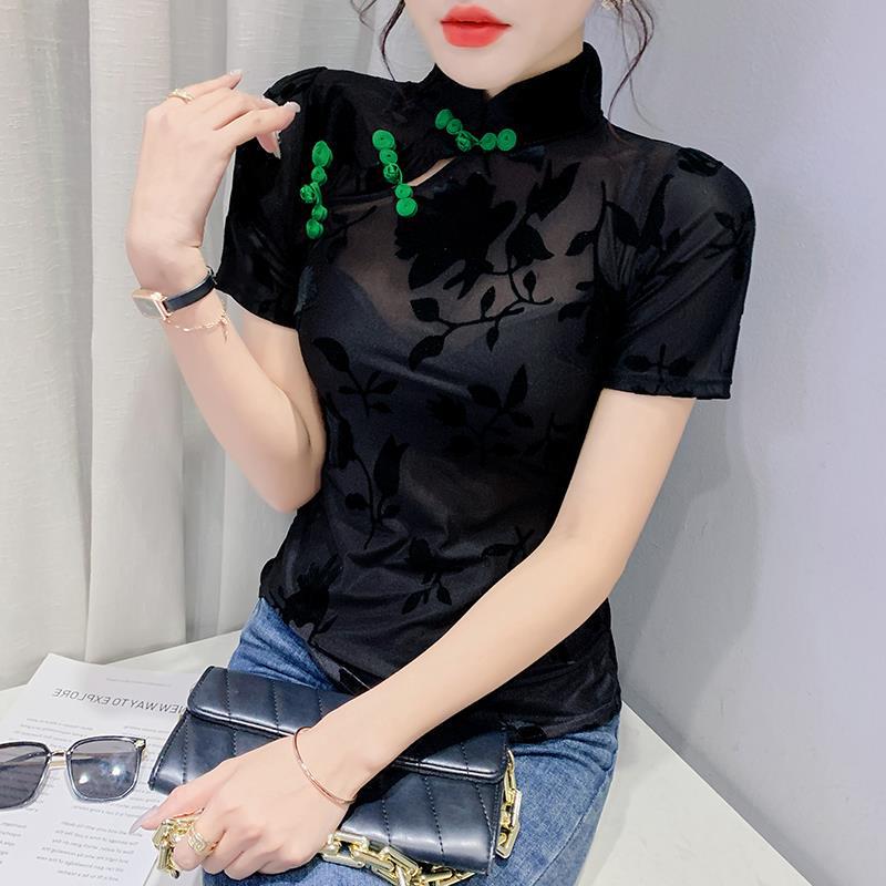 

Летняя ретро блузка из сетки с китайскими пуговицами-лягушками 2022 XL чёрный