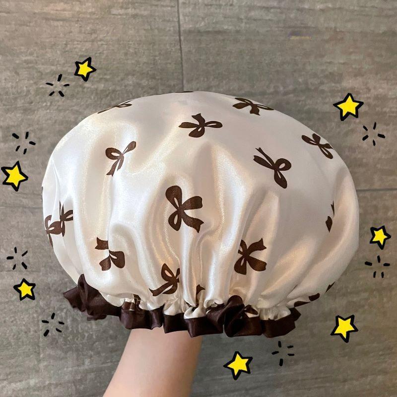 Double-layer Shower Cap  Waterproof Hair Cap  Gold-embossed Printed Polyester-cotton PEVA Shower Cap  Women's Bathing and Bathing Style