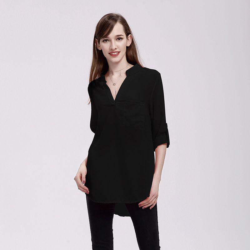 Chiffon Women Blouses Vneck Shirts Long Sleeve Loose Office Casual Spring Lady