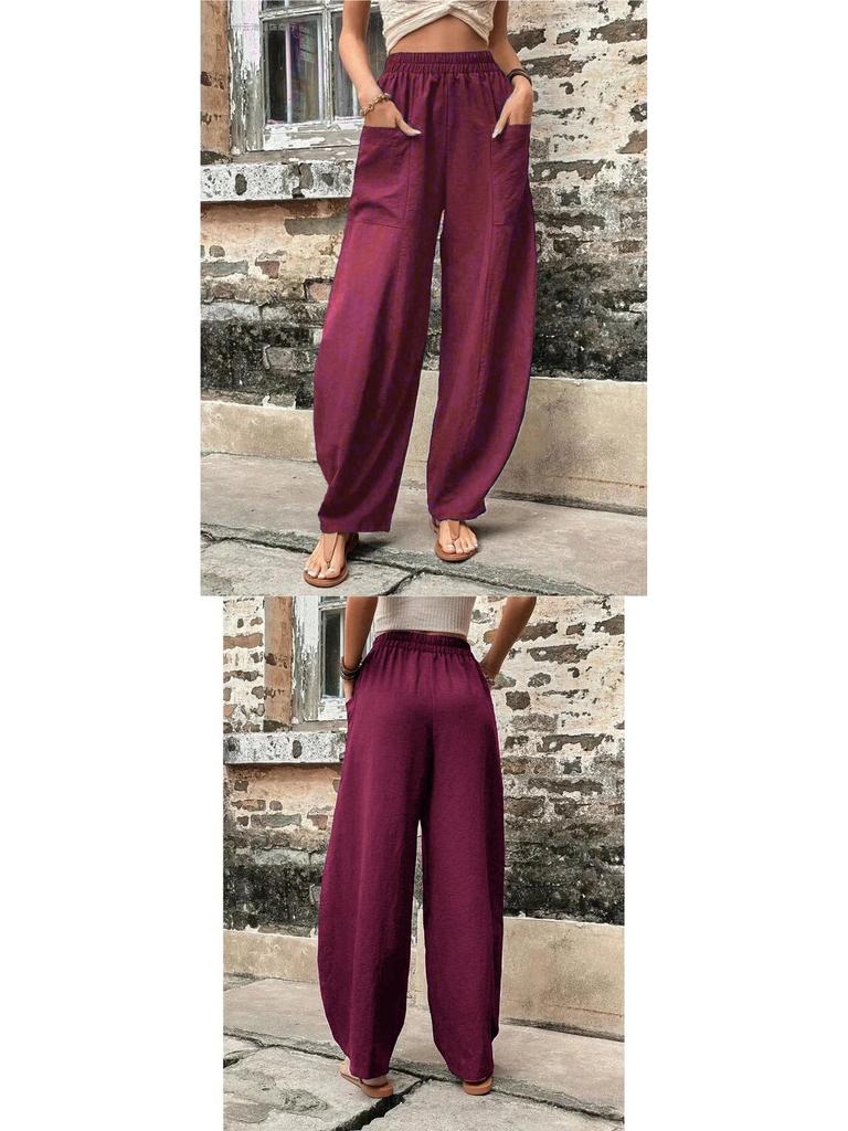 Women's Solid Color Casual Pants with Pockets and Elastic Waist