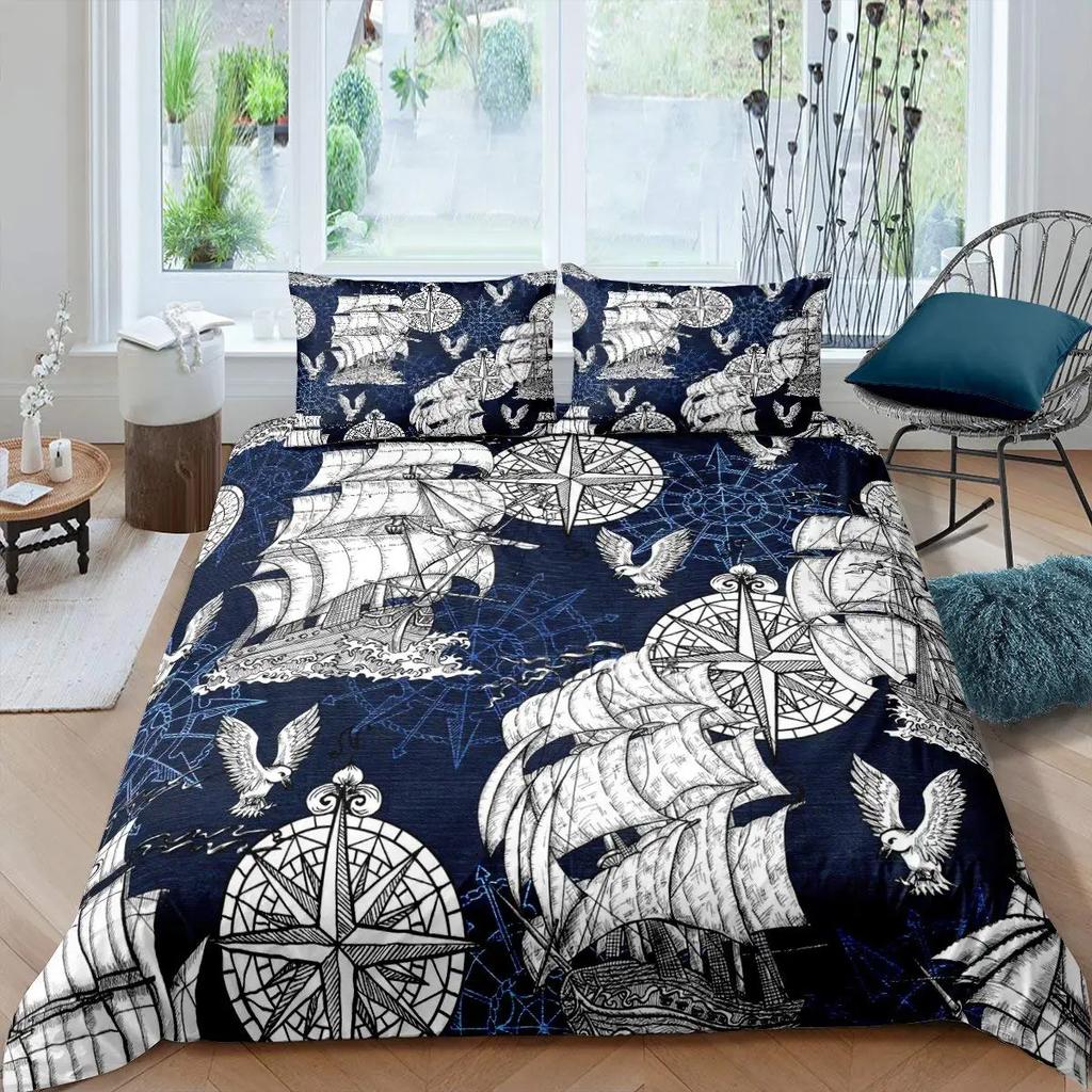 Anchor Nautical King Queen Duvet Cover Vintage Plank Blue Bedding Set Camping Adventure Quilt Cover Polyester Comforter Cover