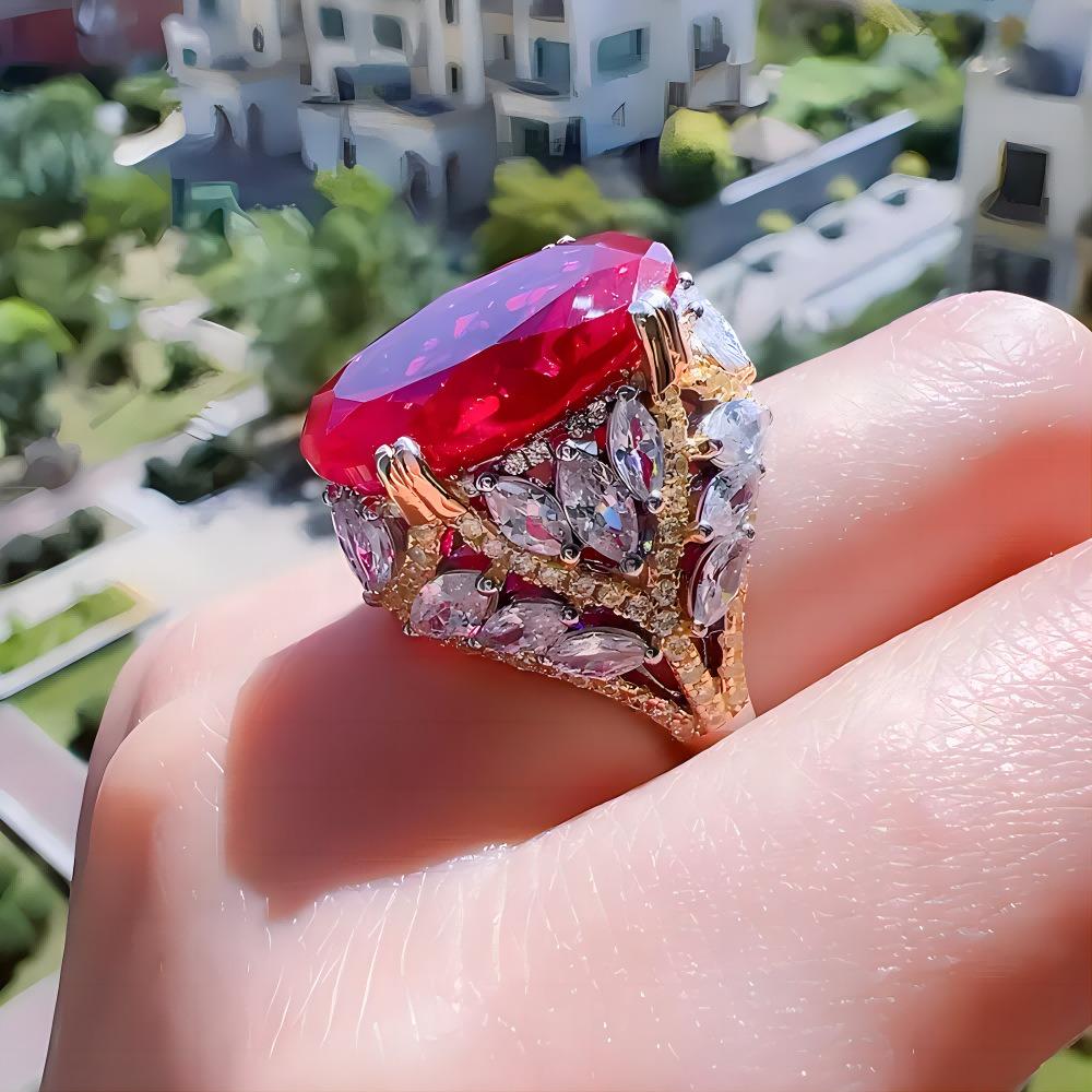 Luxury Gemstone Ring Blue Spinel Statement High Carbon Diamond Red Corundum Women Rings