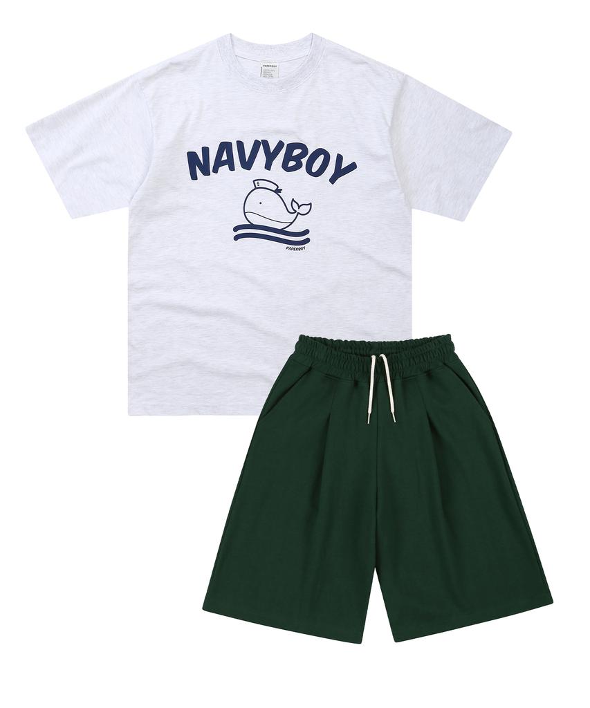 PAPERBOY [Set] Navy Boy Short Sleeve Half Pants Set-White Melange