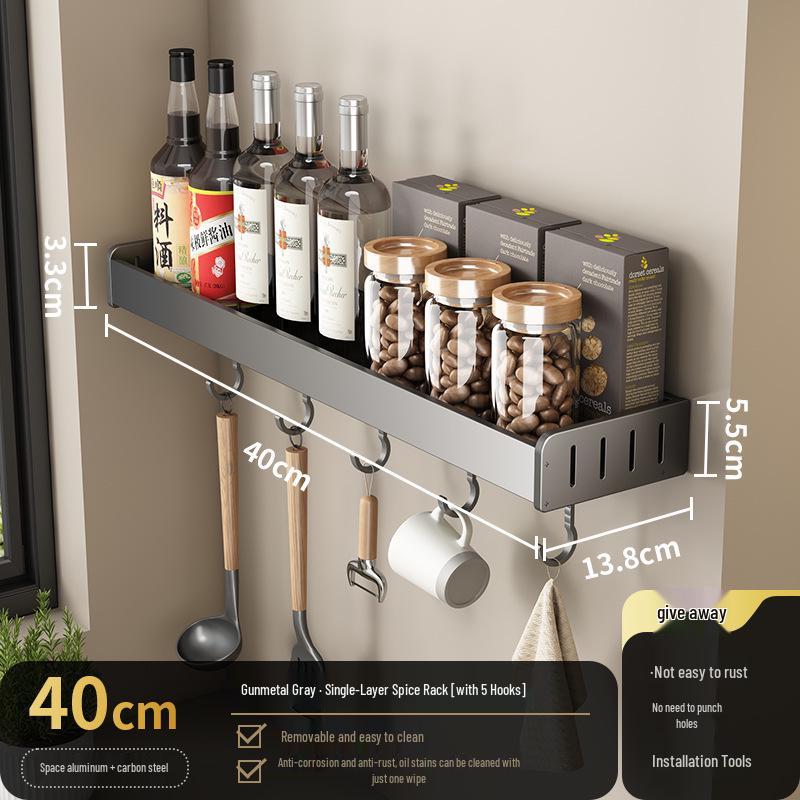 Gun Gray No-Drill Wall-Mounted Kitchen Storage Rack for Knives and Seasoning
