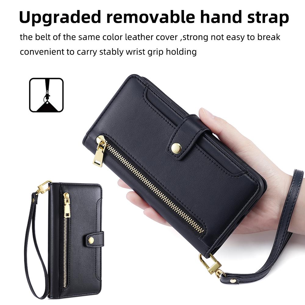 For iPhone 14 Pro Max PU Leather Stand Case Zipper Pocket Phone Cover with Wrist Strap and Shoulder Strap