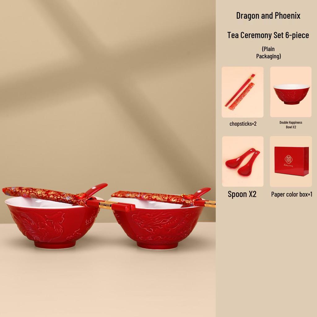 Double Happiness Newlywed Tea Set: Red Bowls, Chopsticks, and Spoons