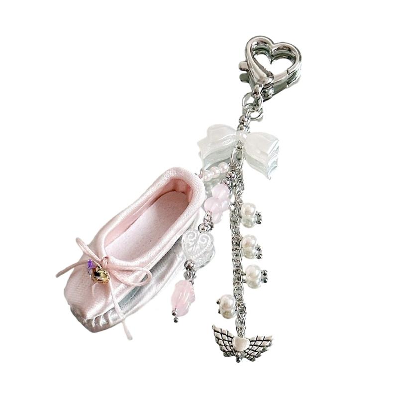 Pink Dance Shoes Keychain Delicate Ribbons Bowknot Keyring for Bags Backpacks Phone Charm Romantics Phone Strap Ornament