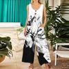 Women's Fashion Casual Button Sleeveless Jumpsuit Floral Flower Print Cotton Pocket Jumpsuit
