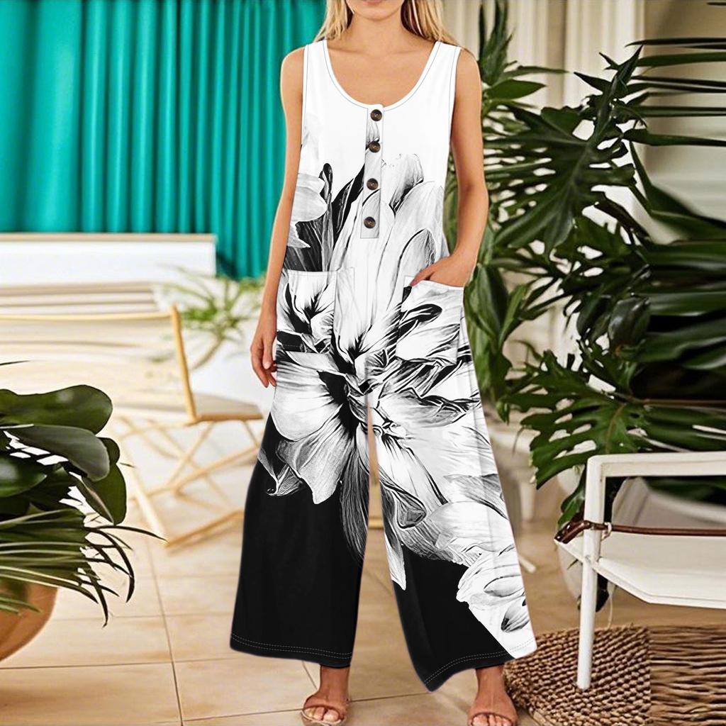 Women's Fashion Casual Button Sleeveless Jumpsuit Floral Flower Print Cotton Pocket Jumpsuit