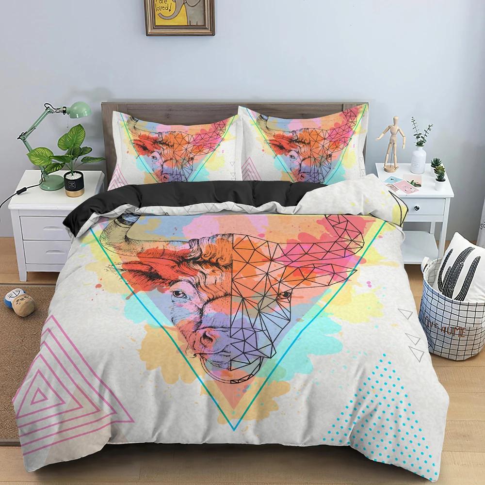 Polygon Cartoon Animal Pattern Duvet Cover Watercolor Lion Background Polyester Bedding Set King Queen Size 2/3Pcs For Kids Boys