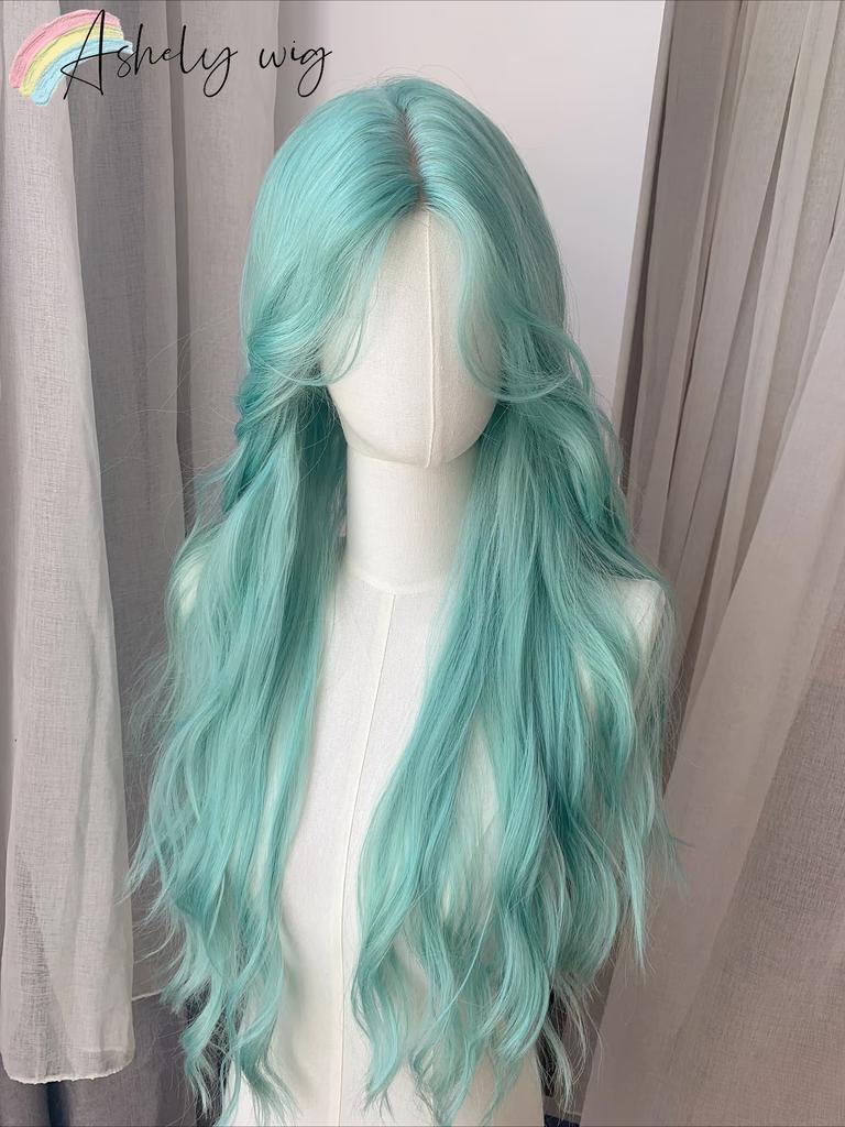 Peluca Ashely Azul Verde para Mujer 24 pulgadas de Largo Cabello Ondulado Peluca Fibra Sintética de Alta Calidad Pelucas Lolita Verde Menta Frescas Modernas Pelucas
