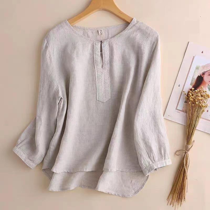 Women Summer Cotton Linen Shirts Vintage Blouses Autumn Casual Solid Color Shirt Sleeve Simple Loose Shirts