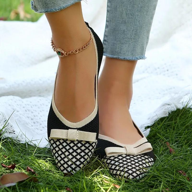 

Женские повседневные туфли с бантом и острым носком из дышащей сетки, удобные женские легкие туфли на шнуровке с мягкой подошвой, балетки Zapatos De Mujer 43 чёрный