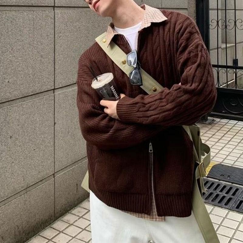 American Retro Solid Color Knitted Cardigan Autumn Winter Stylish Zipper Men's Clothing O-Neck Casual Loose Long Sleeve Sweaters