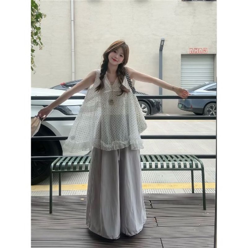 White Slip Top Micro Transparent Polka Dot Vest Dress Sweet Set Women's Summer Loose Casual Pants Two-piece Set