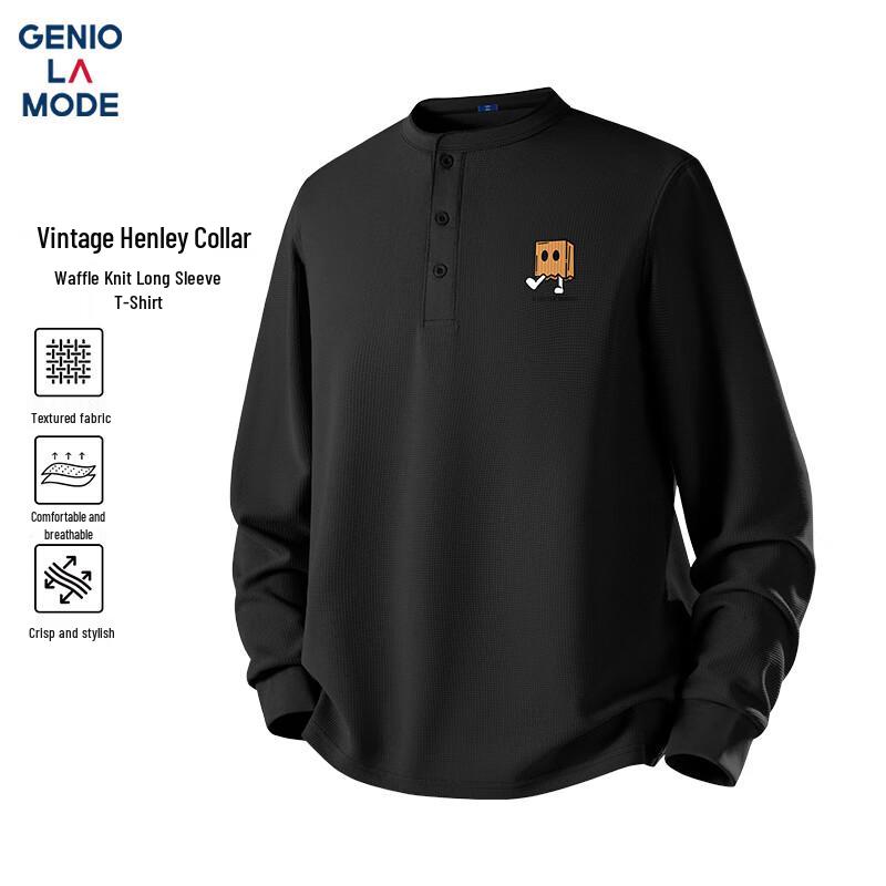 GENIOLAMODE Men's Waffle Texture Henley Long-Sleeve T-Shirt