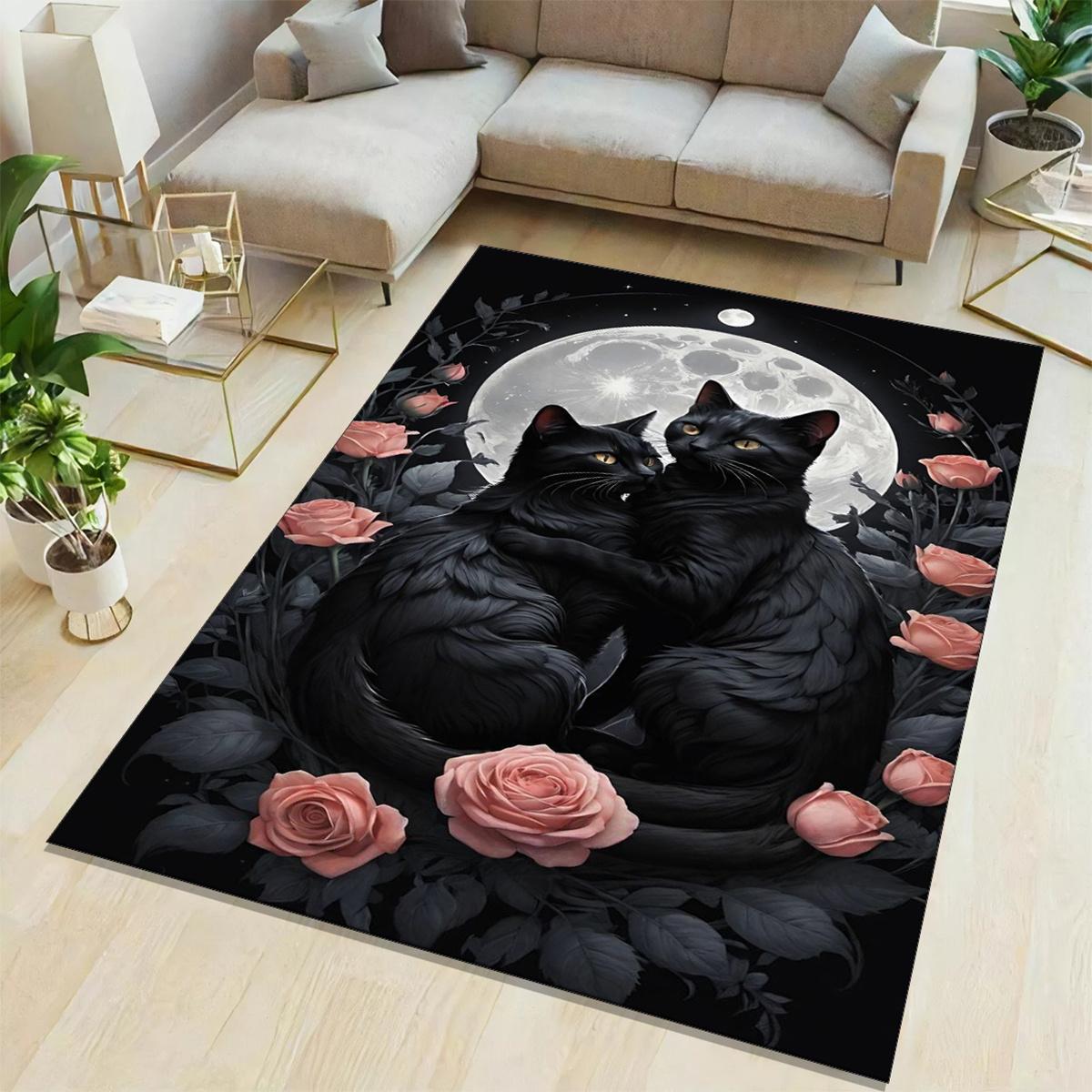 

Polyester Area Rug with Black Cats & Roses Design, Anti-Slip Decorative Carpet for Bedroom, Office, & Home Decor - Moonlit Flora 50x80cm
