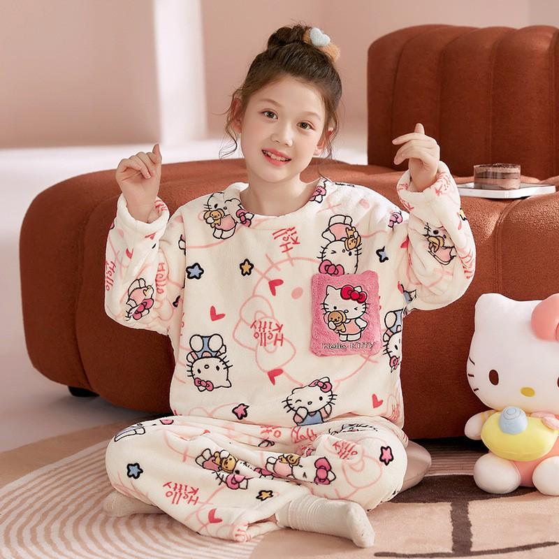 Girls Flannel Pajama Set Cartoon Warm Homewear Kids Winter