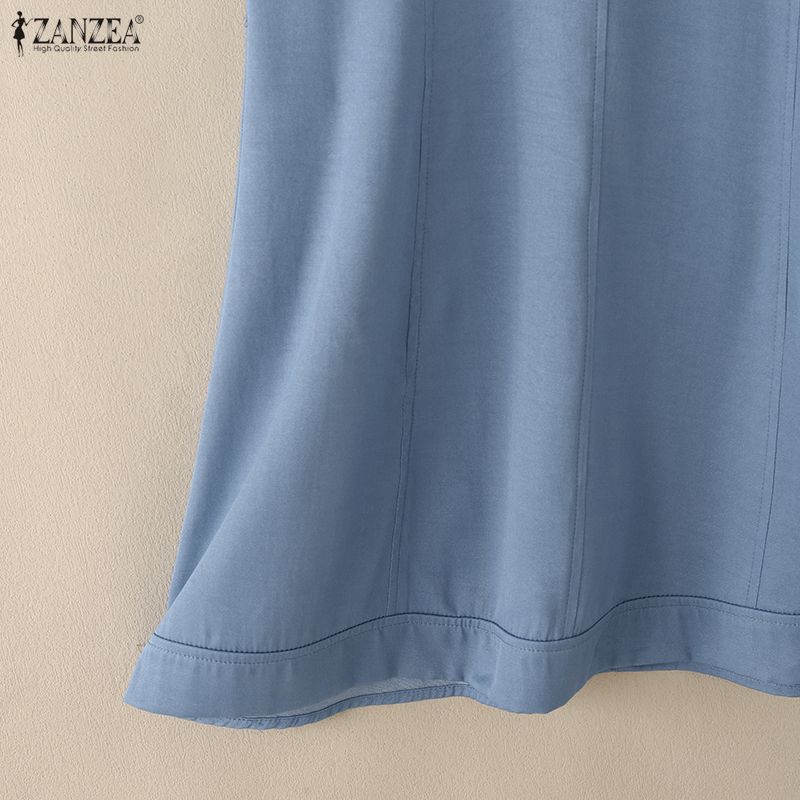 ZANZEA Women Casual Stand Collar Summer Short Sleeve Dress