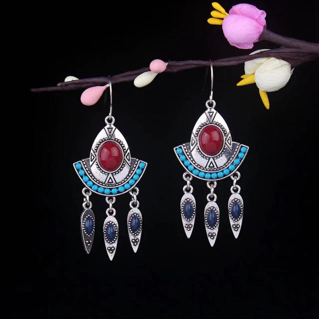 Bohemian Turquoise Owl Dream Catcher Tassel Earrings for Women