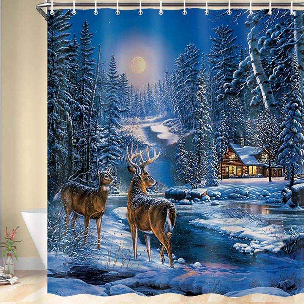 Winter Weihnachten Duschvorhang Xmas Rentier Natur Wald Schneebedeckte Landschaft Bauernhaus Badevorhang Polyestergewebe Badezimmerdeko