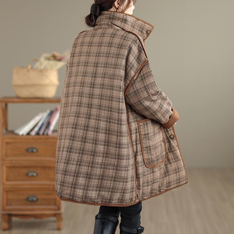 Women's Retro Plaid Thickened Cotton Padded Jacket - Casual, Warm, Versatile Winter Coat
