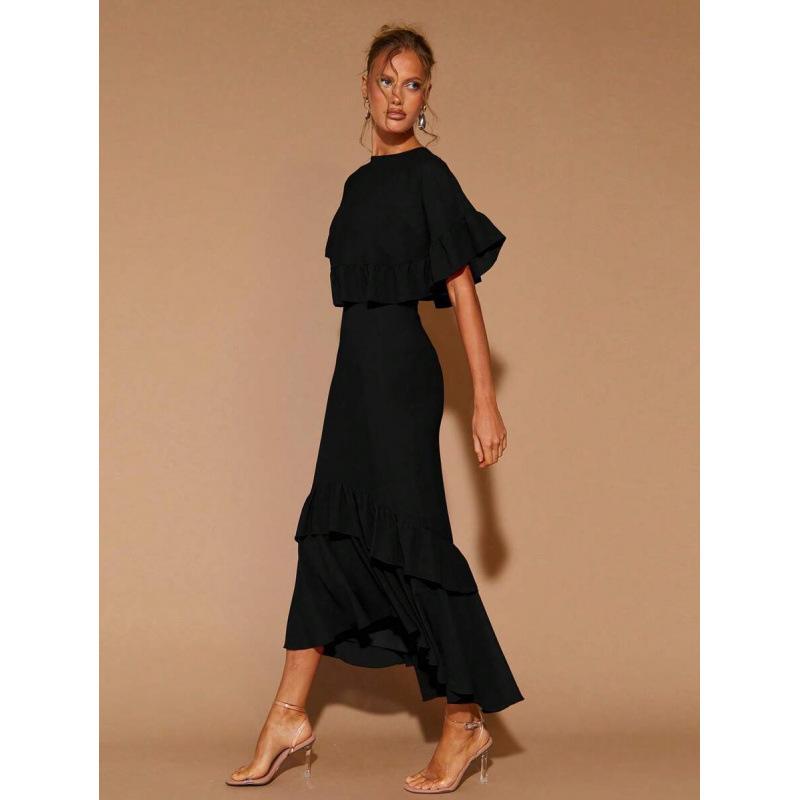 Europe, America 2026 summer new pleated elegant ruffle edge round neck irregular short-sleeved dress XS чёрный