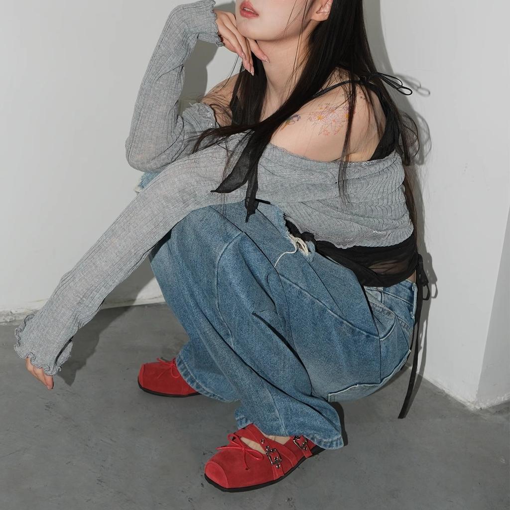 Red bow small single shoes women's spring and summer leather retro one-word shallow rivet ballet 2025 spring and autumn flats