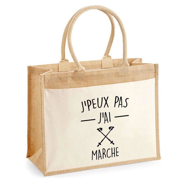 Sac de plage - PLANETEE - Jute avec poche « Marche Nordique J'peux pas » - Coton - 43x33 cm - Anses bandoulière