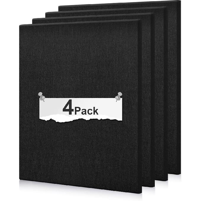Large Cork Board Subsitute - 24"x24" Bulletin Board - 4 Pack Black Felt Board for Home&Office Wall Decor with Noise Reduction