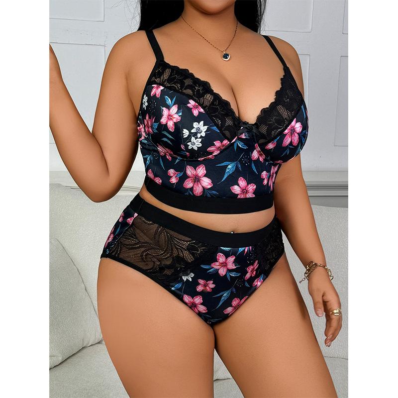 Sexy Plus Size Women's Lace Floral Print Lingerie Set Suspender Bra and Panty Two-Piece Set