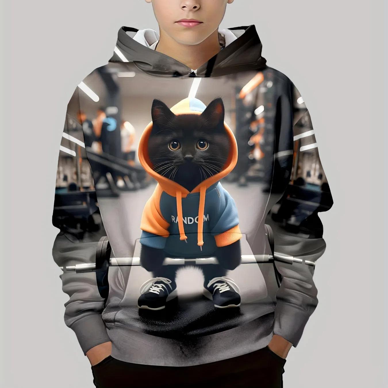 

Детская одежда Толстовки с капюшоном с длинным рукавом Детская толстовка с рисунком из мультфильма Детская мода с принтом кота Летняя одежда для девочек Топ для мальчиков 160CM