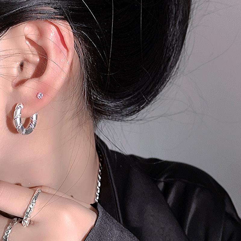 Purple Round Plain Silver Ear Buckle Unique Design Earrings Light Luxury High Sense Fashion Exquisite Earrings