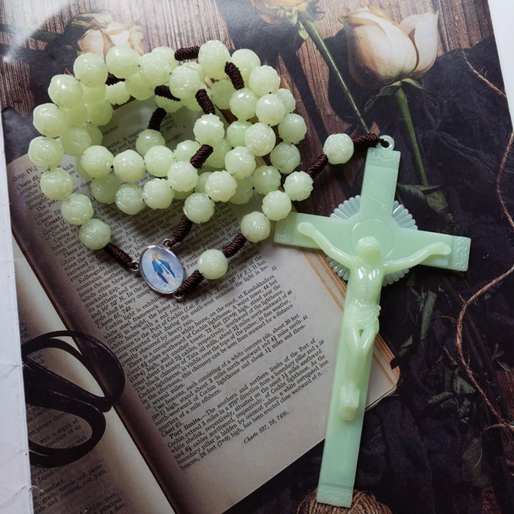Rosary Beads Necklace with Jesus Crucifix,Catholic Prayer Gifts Luminous Cross Pendant Necklace Simple Jewelry Gifts
